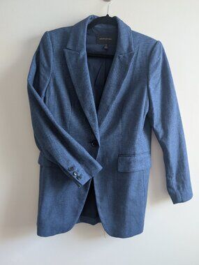 Linen-Blend Blue Herringbone Blazer